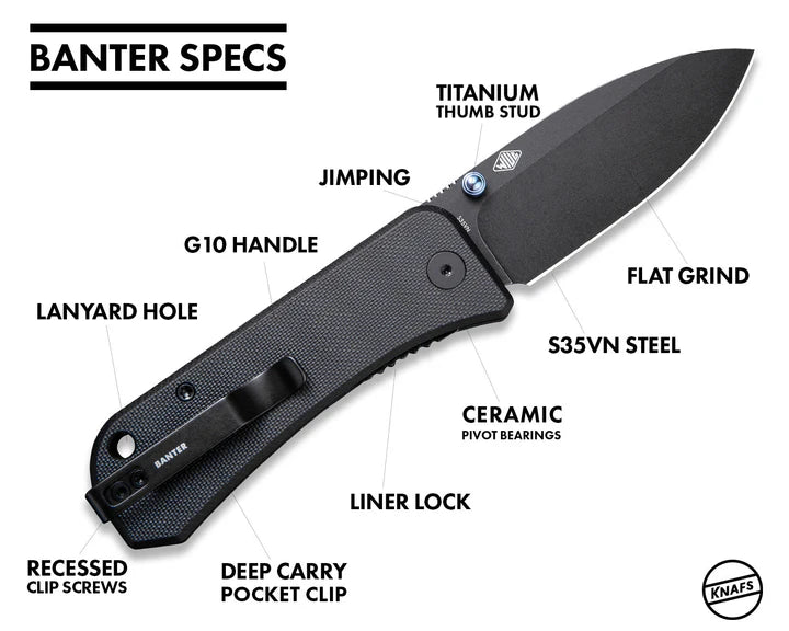 Banter Pocket Knife - Blackout - S35VN back open with info 