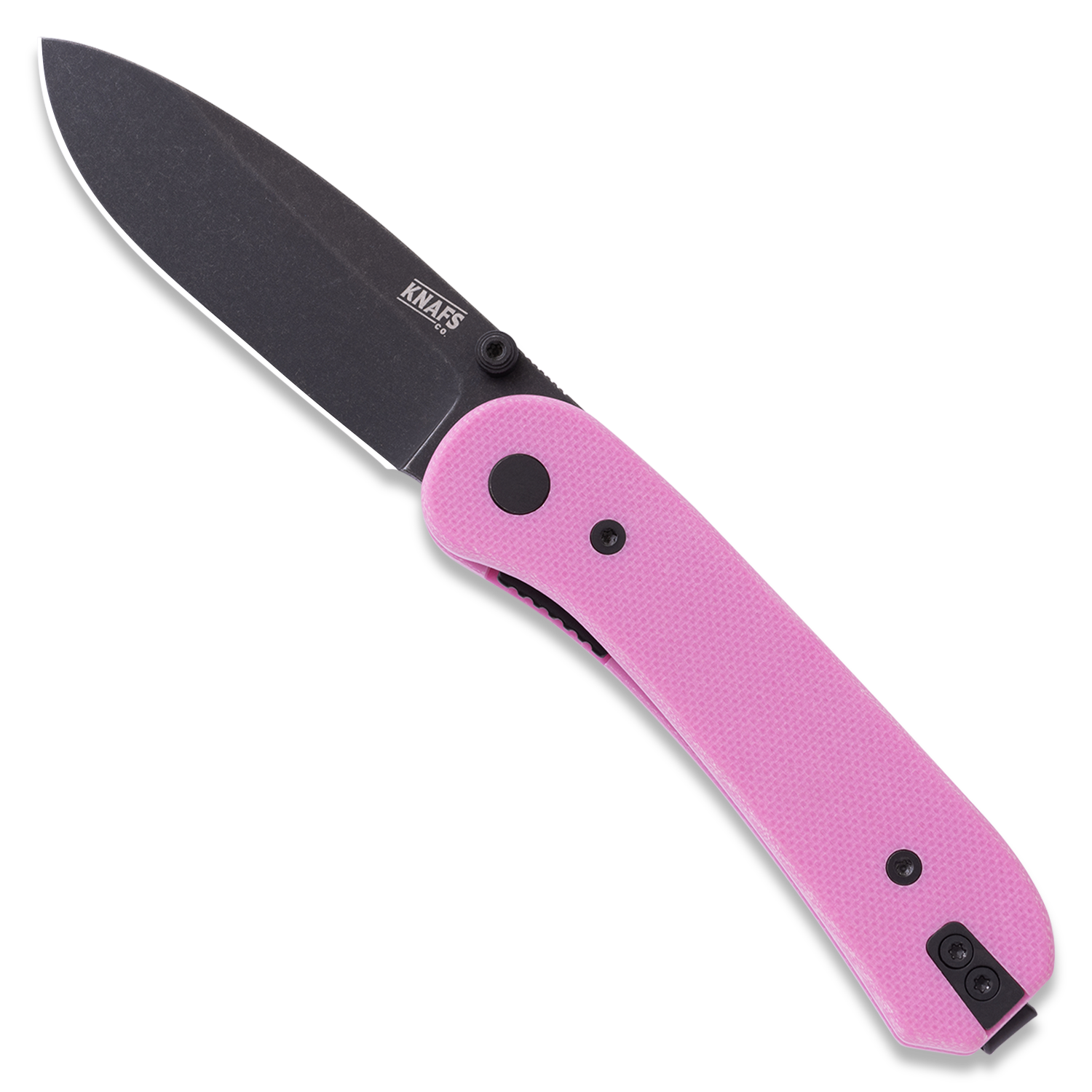 Lander 1 Pocket Knife - Flat G10 Scales - Pre-Built - open front Black Blade - Pink Handle