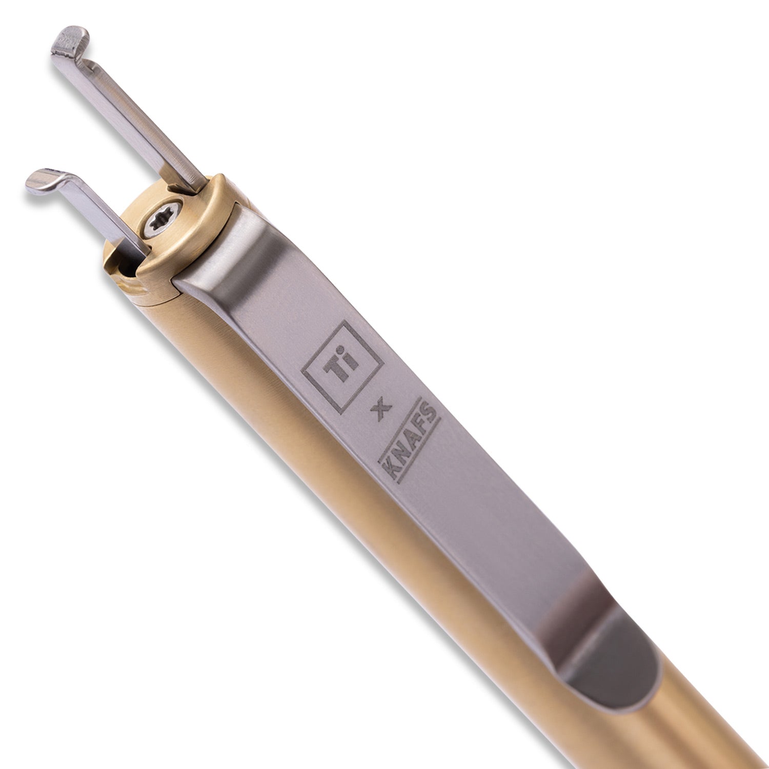 BIGiDESIGN x Knafs Sancho EDC Pen - Brass - Product on white - assembled, close up of hidden tools