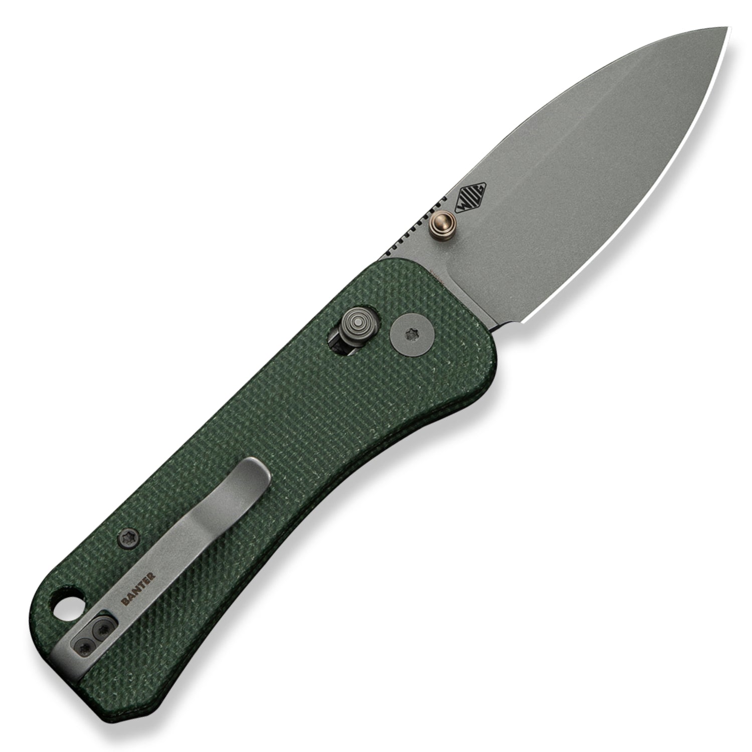 WE Knife Co. Banter 2 Pocket Knife - Green Micarta Handles - Product On White - Open Back