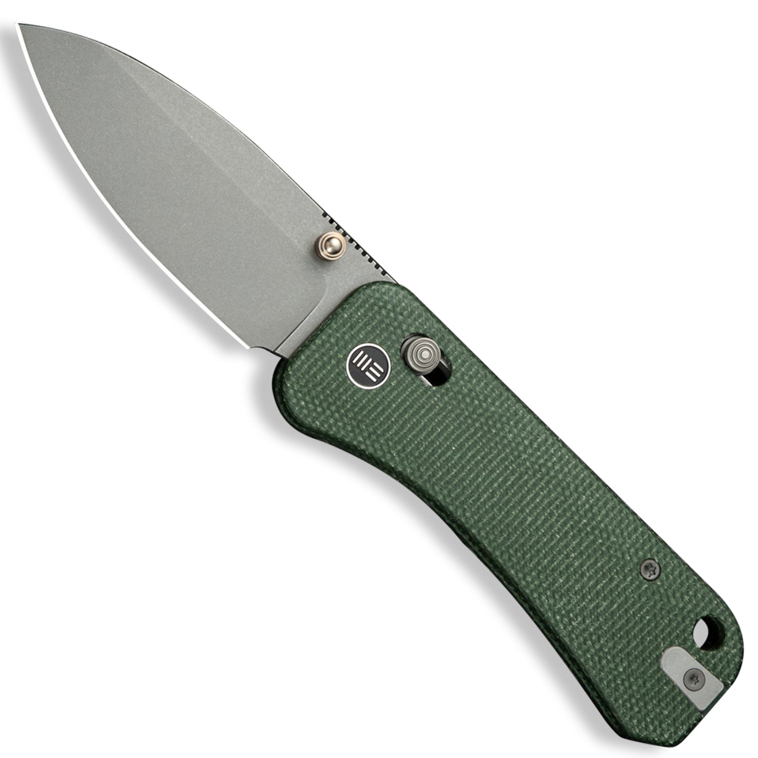 WE Knife Co. Banter 2 Pocket Knife - Green Micarta Handles - Product On White - Open Front