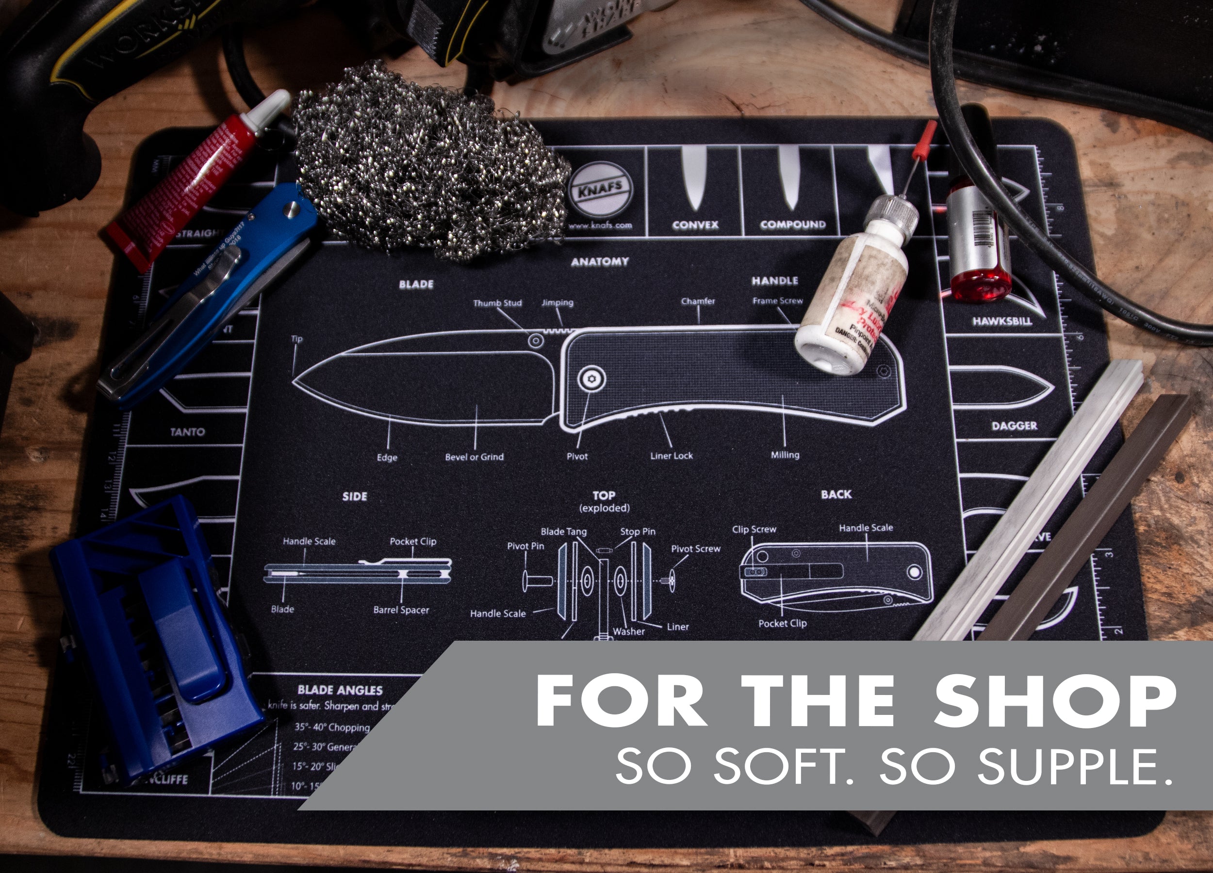 Knife Mouse Pad - Oversized Shop Mat 14 x 10" in the shop with tools