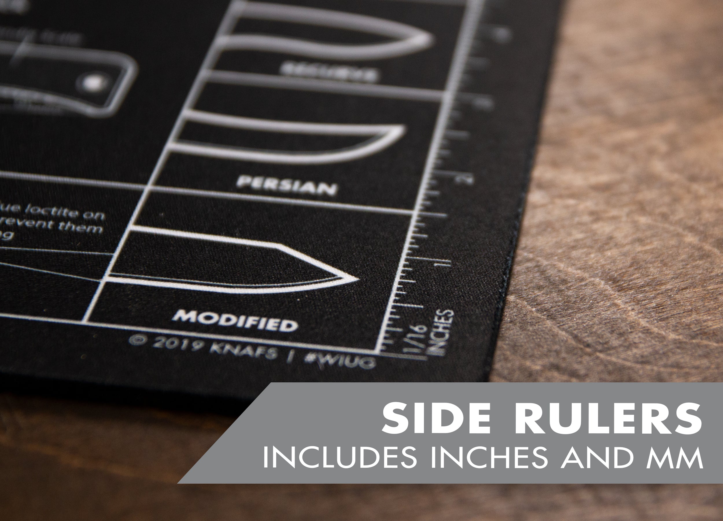 Knife Mouse Pad - Oversized Shop Mat 14 x 10" close up with ruler measurements