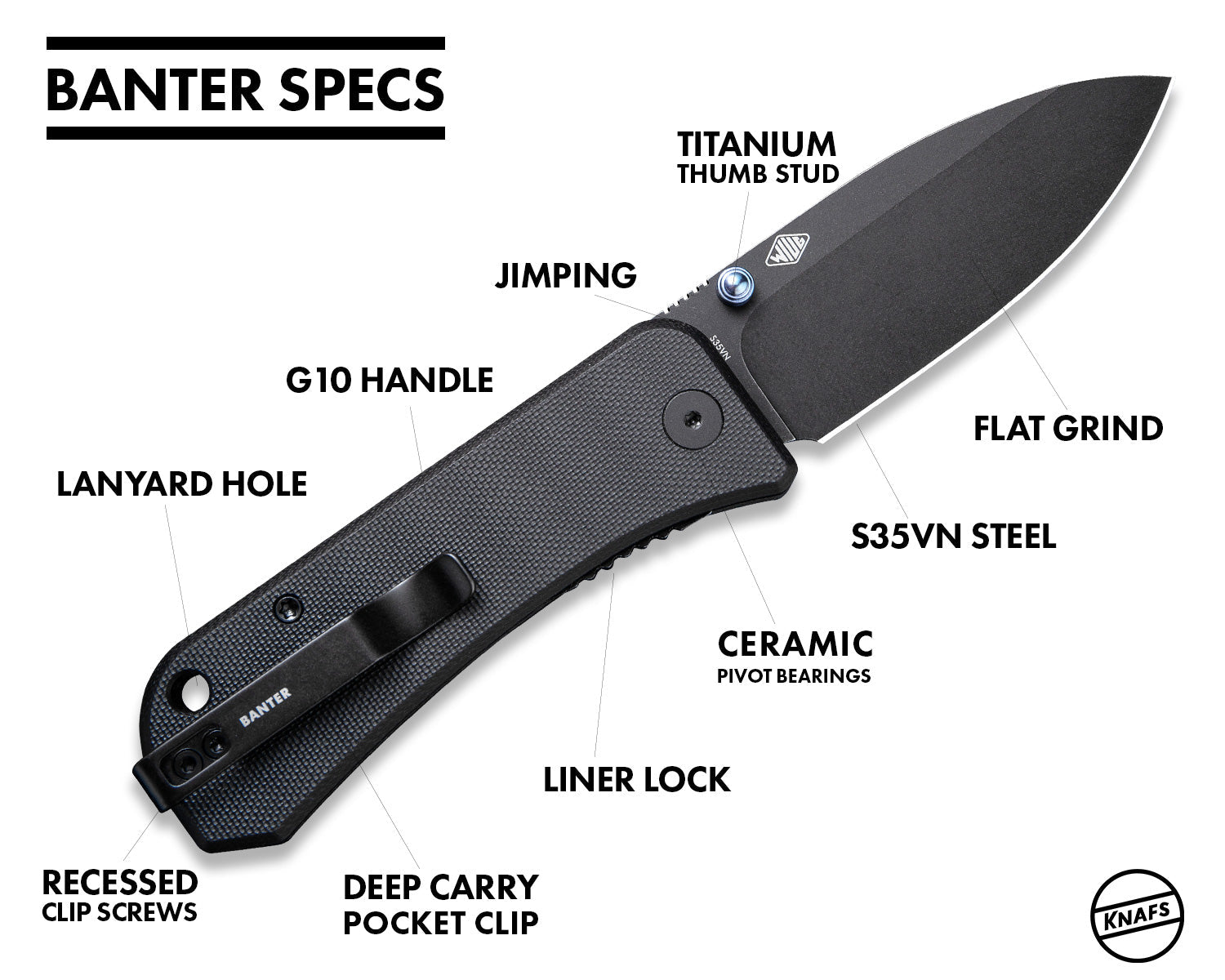 Banter Pocket Knife - Carbon Fiber - S35VN - Open with info - specs